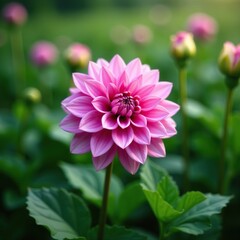 A majestic dahlia flower amidst a sea of lush green foliage with soft purplish hues, plant stems, botanicals, green