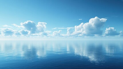 Obraz premium Expansive calm ocean view with clear blue skies and fluffy clouds in serene atmosphere during daylight hours. Generative AI