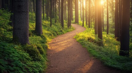 Fototapeta premium Winding Trail Through Dense Forest at Golden Hour