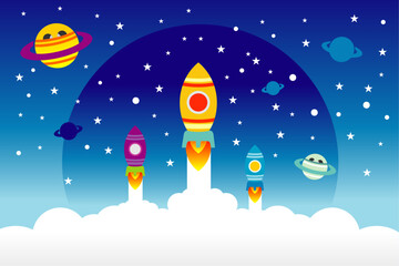 Rocket Launch Vector Illustration background in cartoon style with planets, Rocket Launch Vector illustration 