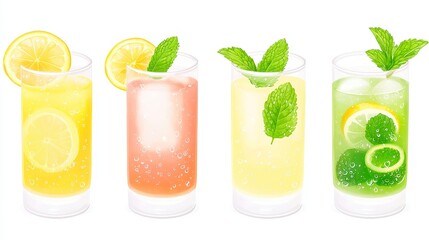 Iced Tea Delight, vibrant watercolor illustrations of refreshing iced tea glasses adorned with lemon slices and mint, perfect for summer menus and beverage promotions