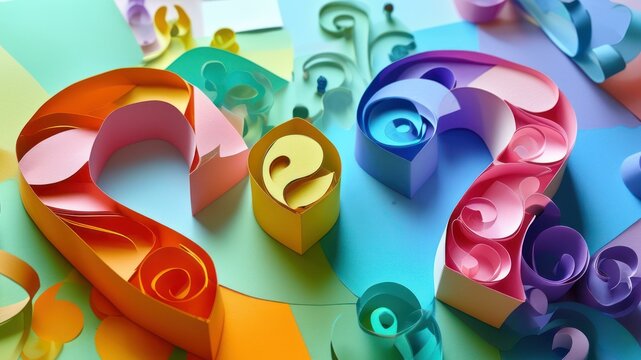 Colorful paper quilling shapes forming question marks - Powered by Adobe