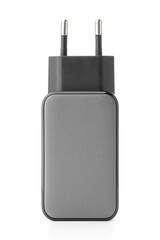 Black phone AC charger and USB cable on white background.	
