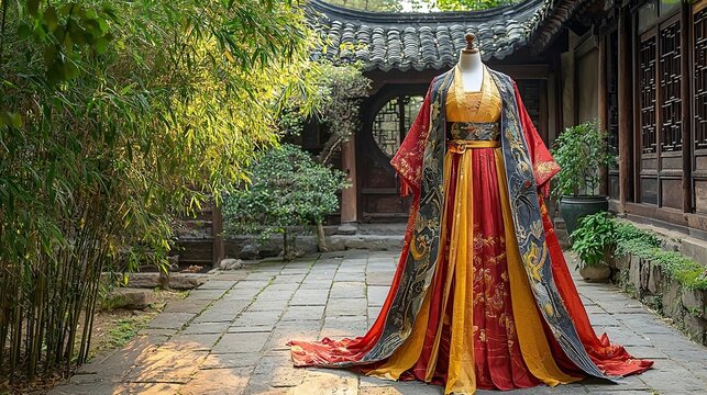 traditional tang-style hanfu in courtyard chinese attire	
