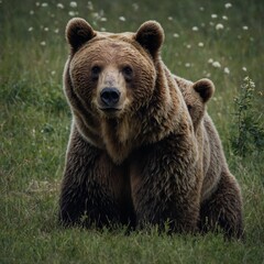 Obraz premium A mother bear with a protective, loving gaze toward her cub.