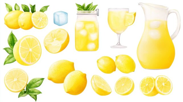 Lemonade Stand Essentials, vibrant watercolor illustrations featuring pitchers of lemonade, zesty lemons, and ice cubes, ideal for summer themes and playful designs