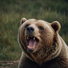 Obraz premium A joyful bear laughing, mouth open, and eyes squinted in happiness.