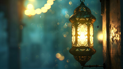 Ornate lantern glowing softly in a twilight street, creating a warm ambiance amidst blurred lights