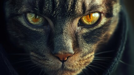 Intense gaze of grey cat with striking yellow eyes