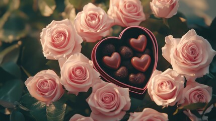 Sweet Indulgence: A Romantic Gift of Soft Pink Roses and a Delectable Chocolate Heart, Beautifully Presented in a Heart-Shaped Box, Sure to Delight Your Sweetheart on Valentine's Day or Any Special Da