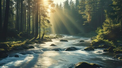 Serene forest river with sunlight streaming through trees