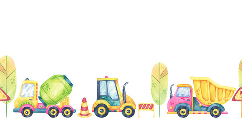 Fototapeta premium Excavators, trees, and trucks in vibrant hues. Seamless border construction site, toys watercolor clipart. Perfect for kids party supplies, wall decals, or custom gift wrap designs.