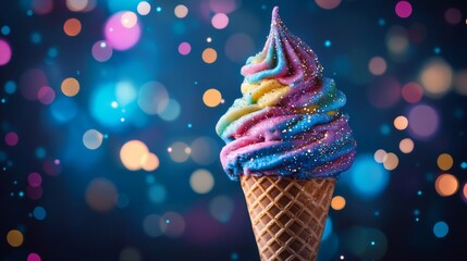 Rainbow Ice Cream Cone with Glitter on Blue Background