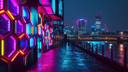 Obraz premium Vibrant Nightscape of Colorful Neon Lights Along River Pathway