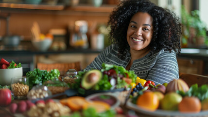 Fototapeta premium This woman smiles amid vibrant fresh fruits and vegetables, promoting wellness.