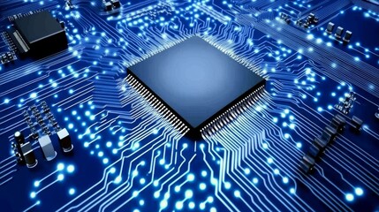 Abstract Blue Circuit Board Glowing Technology Background, Intricate Details, Digital Art.