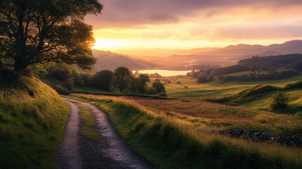 Fototapeta premium Scenic countryside path leading to a beautiful sunset over hills and a tranquil lake, creating a peaceful landscape.