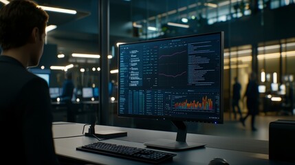 Modern smart office showcasing a transparent futuristic interface for data analytics