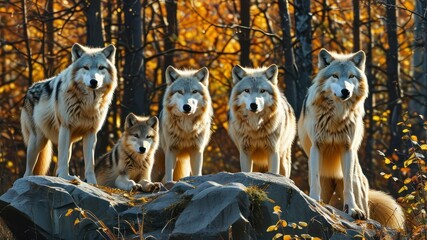A pack of wolves stands on a rock in a vibrant autumn forest