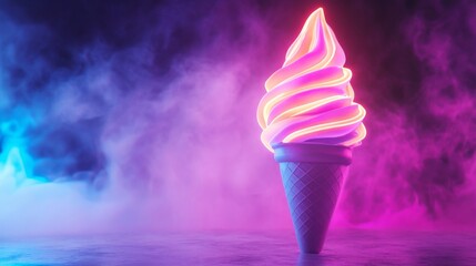 Neon Pink And Blue Ice Cream Cone In Smoky Background