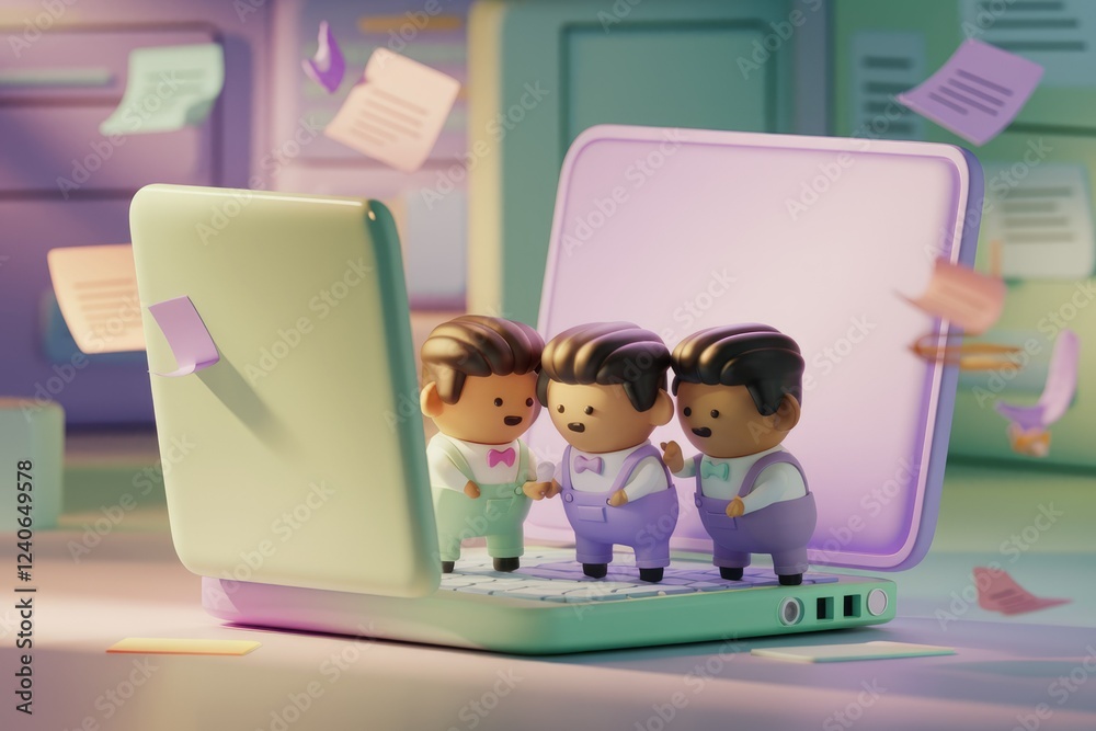 Poster Three 3D animated characters collaborate on a laptop, symbolizing teamwork and digital project collaboration.