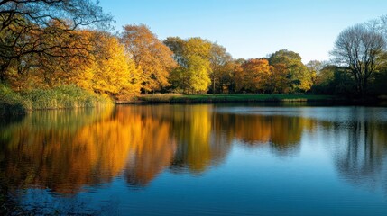 Obraz premium Glorious Autumn Reflections on a Calm Lake Surrounded by Vibrant Trees