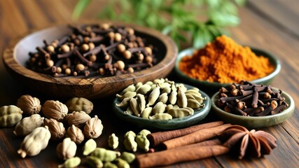 An array of vibrant spices displayed on wooden table