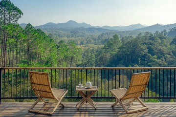 Balcony Retreat with Bamboo Furniture: Tea Set Overlooking Forest and Mountains in Thailand
