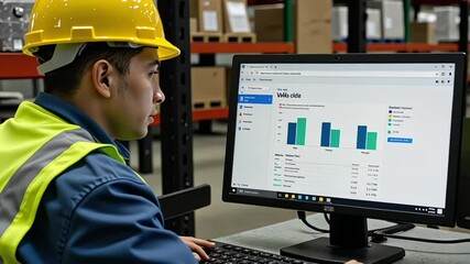 A smart warehouse manager analyzes data on a computer dashboard, monitoring key performance indicators and optimizing logistics operations - Powered by Adobe