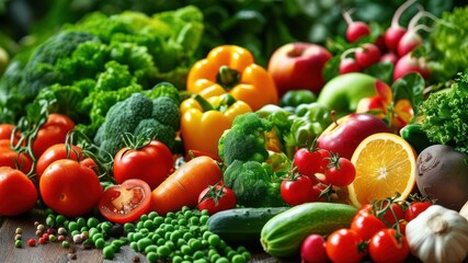Colorful assortment of fresh, vibrant vegetables and fruits