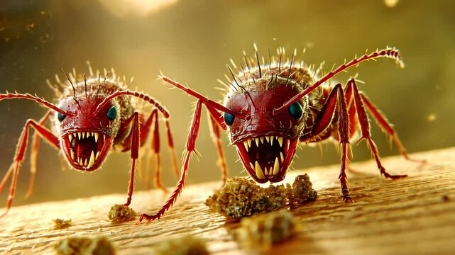 Red ants protecting scattered food crumbs on wooden surface, showing sharp teeth and aggressive defensive posture with predatory behavior