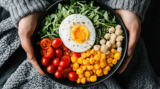 Hands cradle a vibrant salad bowl brimming with fresh vegetables, a boiled egg, and chickpeas, exuding health and freshness.