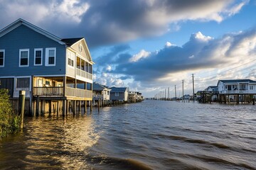 Coastal homes submerged as ocean water levels rise, highlighting the impact of flooding in vulnerable areas