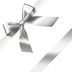 Elegant silver ribbon bow for gift wrapping your graphics in it, tied in a bow, diagonal layout, view from top