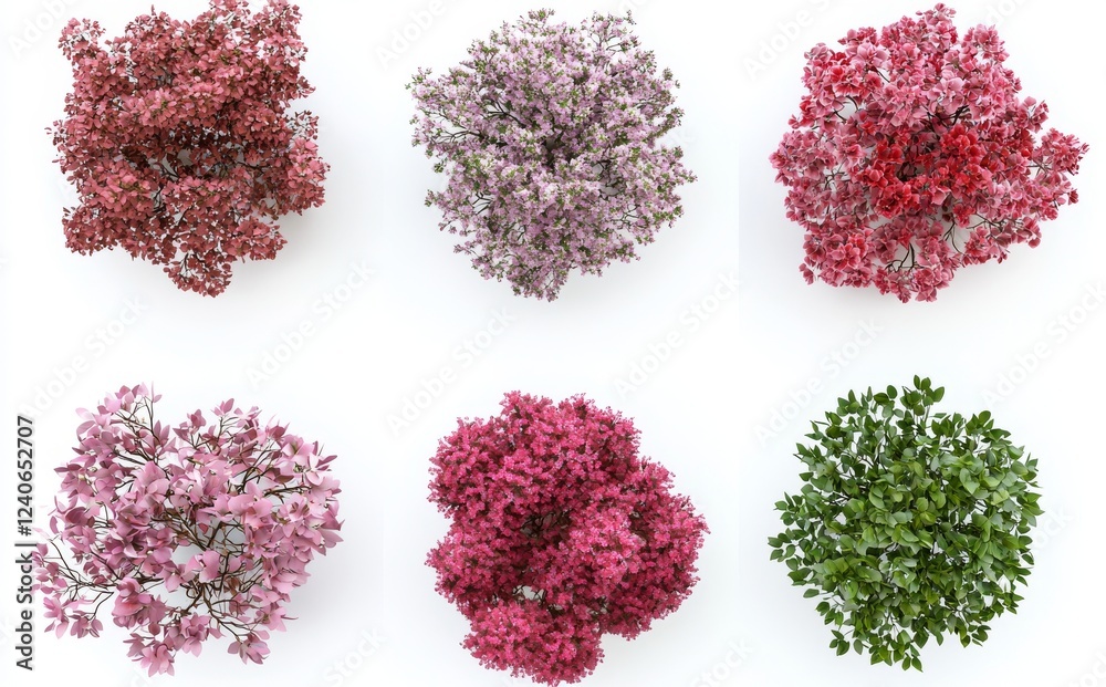 Fototapete 3d top view of flourishing trees and shrubs featuring red and white flowers, isolated on a white bac