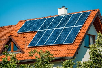 Fototapeta premium Solar panels installed on a residential roof under a clear blue sky in a suburban setting