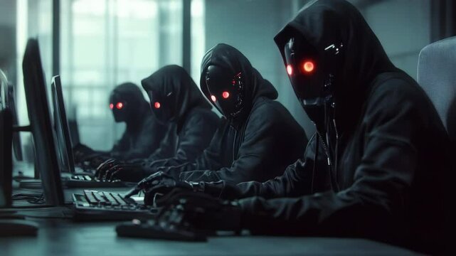 Group of cybernetic hackers in dark hoodies with glowing red eyes working on computers in a dimly lit room. Concept cybercrime, hacking, artificial intelligence, and digital security threats.