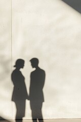 Silhouetted couple's shadows on a sunlit wall.