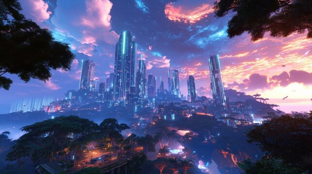Futuristic urban exploration alien metropolis digital art neon-lit environment aerial view sprawling skyscrapers