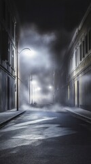 Fototapeta premium Enigmatic Foggy City Alleyway at Night: A Mysterious Urban Scene