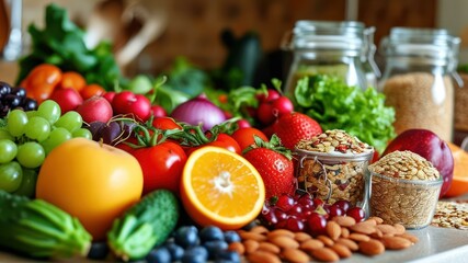 Vibrant assortment of fresh fruits and vegetables with nuts and grains