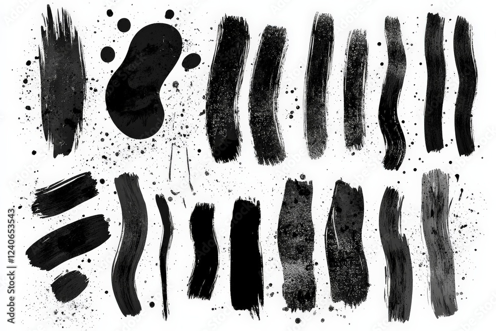 Poster Abstract black paint strokes arranged on a white background showcasing various textures and patterns