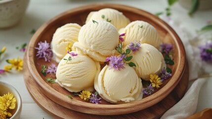 Vanilla Ice Cream Scoops with Flowers on Wooden Plate