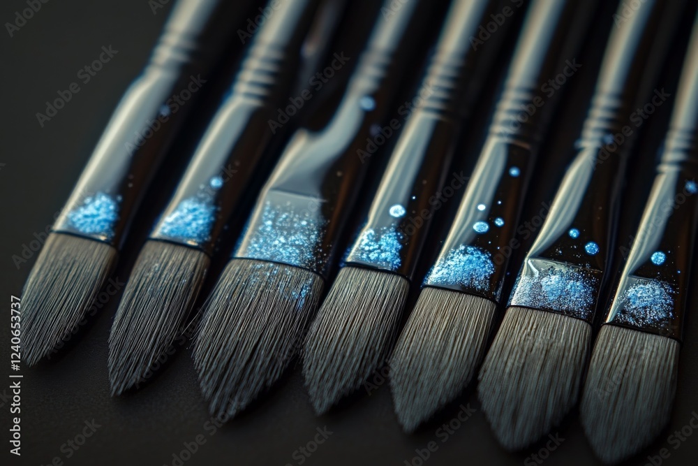 Poster artistic display of paintbrushes with blue glitter, showcasing creative tools for artists in studio 