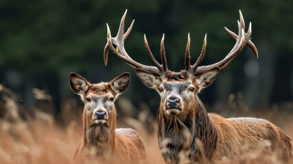 Fototapeta premium Two deer with antlers standing in a grassy field