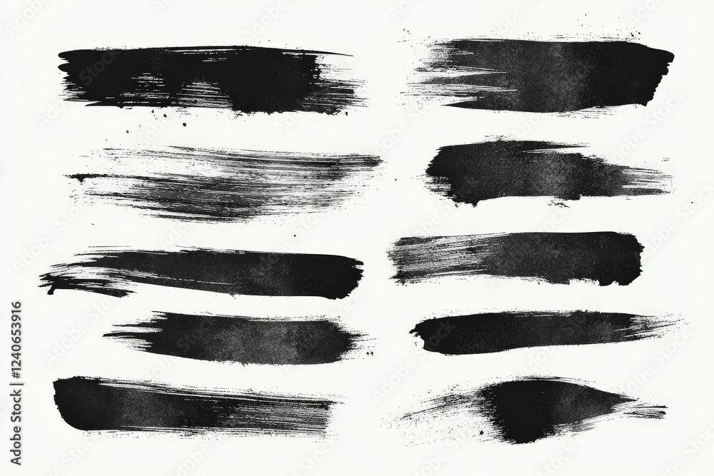 Poster collection of black brush strokes showcasing texture and artistic flair on a white background
