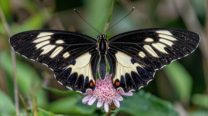 Naklejka premium Butterfly on flower, garden, wings spread, close-up