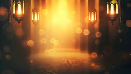 Obraz premium Enchanted hallway illuminated by glowing lanterns, creating a mystical atmosphere with bokeh