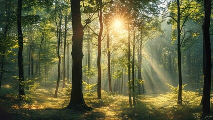 Obraz premium Sunlight streaming through green forest trees creates a serene atmosphere