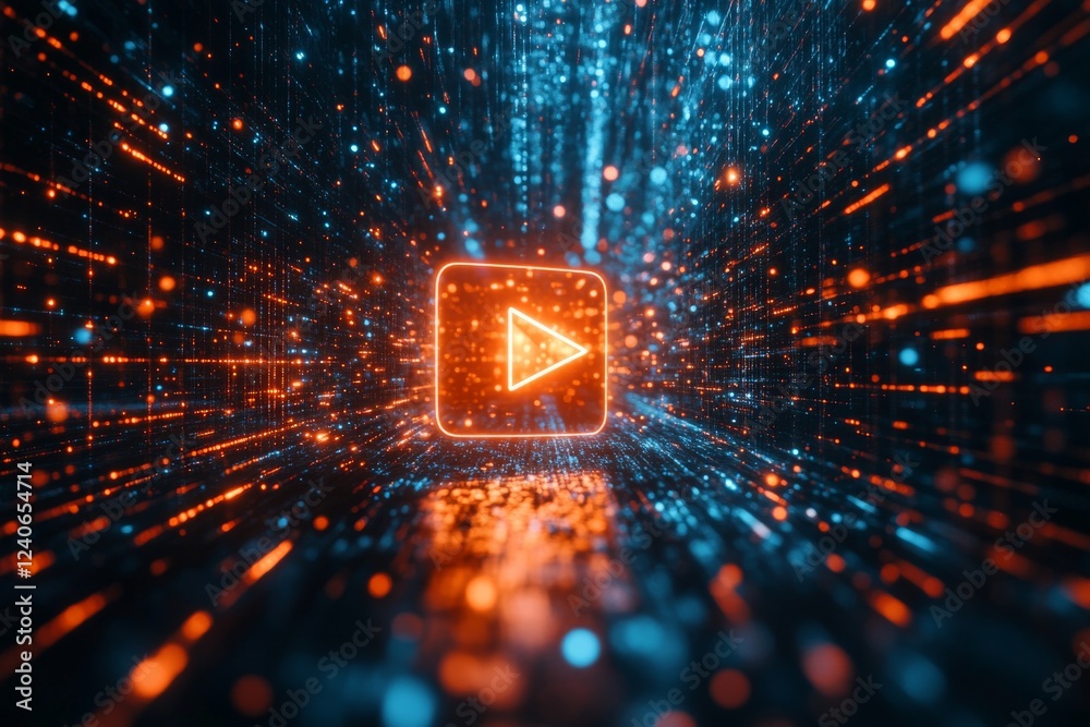 Aufkleber Visual representation of a digital environment showcasing streaming trends with bright neon colors and animated play symbol